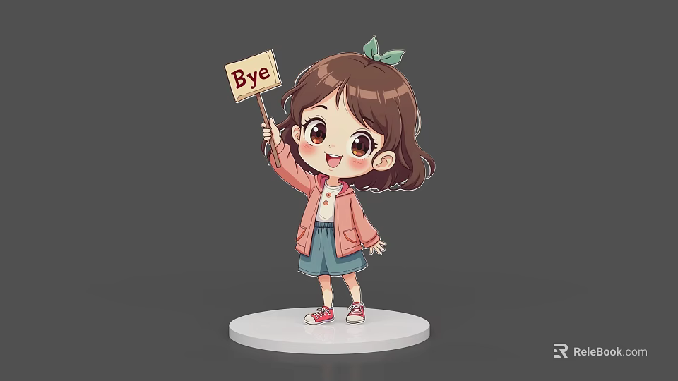 Cartoon Game Character Girl With Brown Hair Green Hair Accessory Pink Coat Holding Bye Sign 3d model 