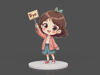Cartoon Game Character Girl With Brown Hair Green Hair Accessory Pink Coat Holding Bye Sign 3d model