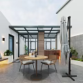 Scenic Roof Garden With City View Gray Tiled Flooring White Walls Outdoor Seating And Lighting