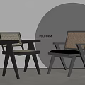 Pair of Modern Leisure Chairs With Woven Backrest Beige Seat And Black Wooden Armrests