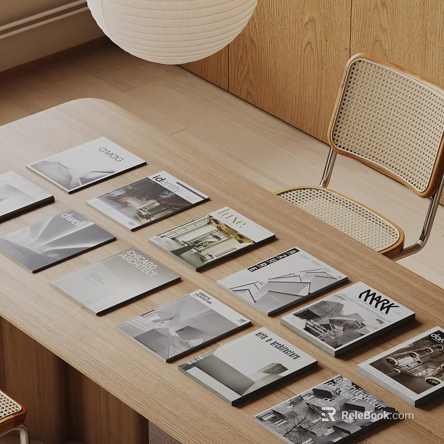 Stylish Magazines Displayed On Wooden Table In Interior 3d model 