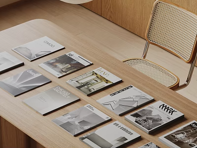Stylish Magazines Displayed On Wooden Table In Interior 3d model