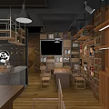 Cozy Interior Space Featuring Wooden Walls Brick Accents Pendant Lights And Central Table