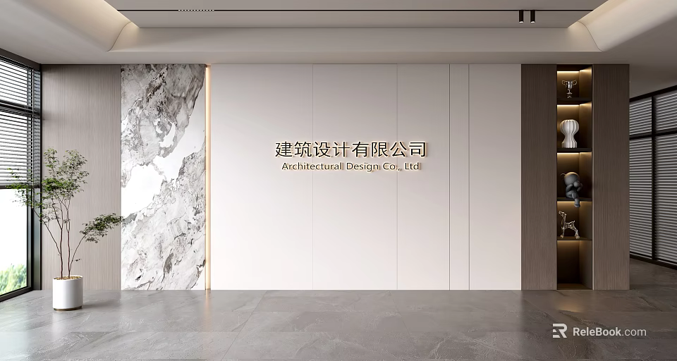 Modern Minimalist Background Wall with Marble Texture and Company Name Sign 3d model 