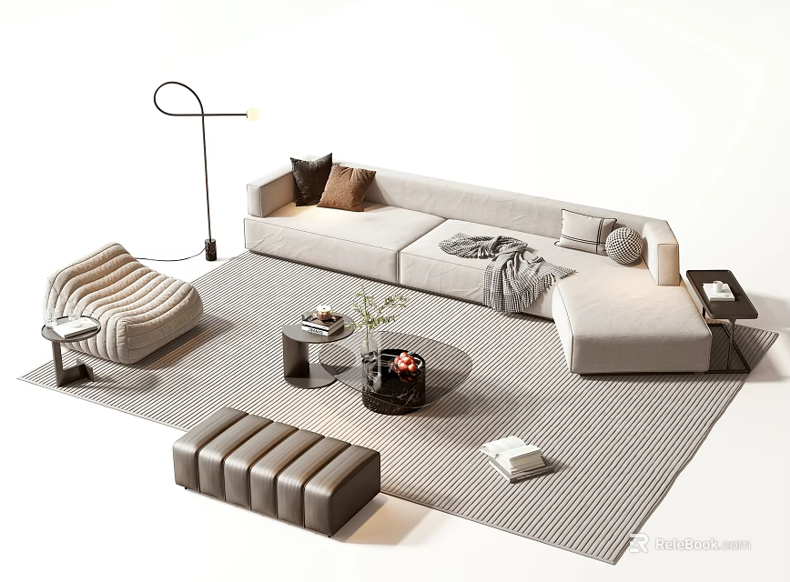 Modern Sofa And Coffee Table Combination With Plush Pillows Floor Lamp And Armchair 3d model 