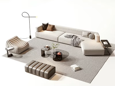 Modern Sofa And Coffee Table Combination With Plush Pillows Floor Lamp And Armchair 3d model