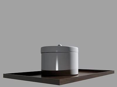 Modern Minimalist Decorative Ornament Set With White Ceramic Lidded Container And Wooden Tray 3d model