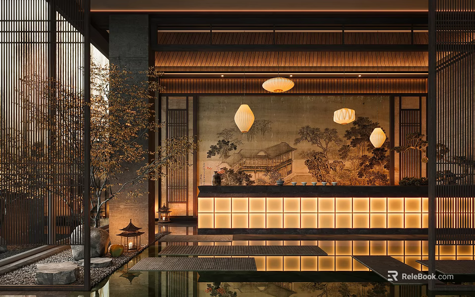 Traditional Oriental Hotel Lobby Interior With Wooden Ceiling Hanging Lanterns And Water Pool 3d model 