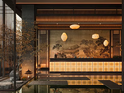 Traditional Oriental Hotel Lobby Interior With Wooden Ceiling Hanging Lanterns And Water Pool 3d model