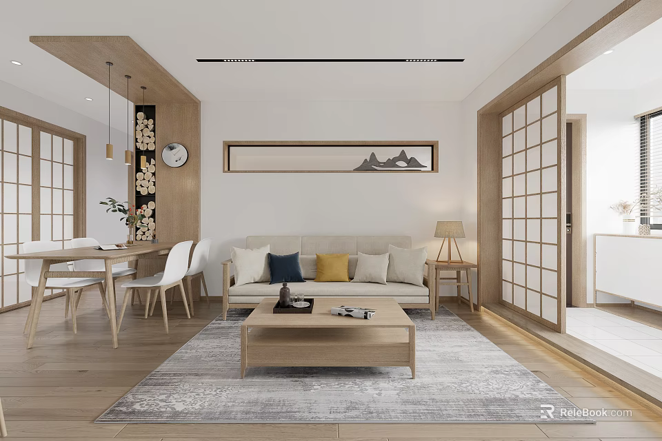 Japanese Style Living Dining Room Interior With Wooden Furniture Sofa Coffee Table And Shoji Doors 3d model 