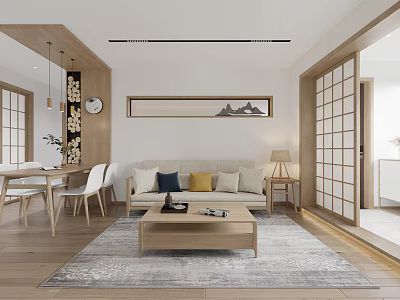 Japanese Style Living Dining Room Interior With Wooden Furniture Sofa Coffee Table And Shoji Doors 3d model