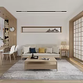 Japanese Style Living Dining Room Interior With Wooden Furniture Sofa Coffee Table And Shoji Doors
