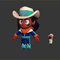Adorable Cartoon Cowboy Character In White Hat Red Skin Blue Outfit With Small Tool