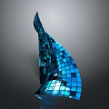Abstract Blue Geometric Sculpture With Reflective Square Tiles And Modern Design