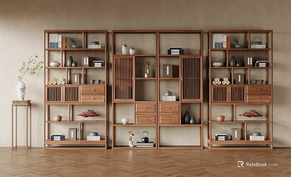 Chinese Style Wooden Display Shelves With Books Ceramic Wares And Decorative Items 3d model 