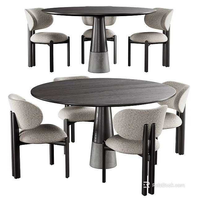 Modern Round Dining Table Set With Light Gray Upholstered Chairs And Black Legs 3d model 