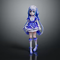 Anime Game Character With Light Blue Hair Frilly Blue White Dress And Knee High Socks