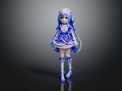 Anime Game Character With Light Blue Hair Frilly Blue White Dress And Knee High Socks 3d model
