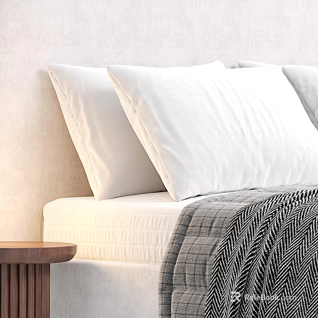Minimalist Double Bed With White Pillows Mattress And Cozy Plaid Blanket 3d model 