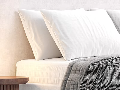 Minimalist Double Bed With White Pillows Mattress And Cozy Plaid Blanket 3d model