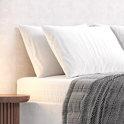 Minimalist Double Bed With White Pillows Mattress And Cozy Plaid Blanket 3d model