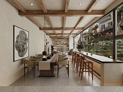 Modern Dining Space With Wooden Beams And Large Windows 3d model