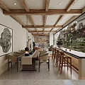 Modern Dining Space With Wooden Beams And Large Windows 3d model