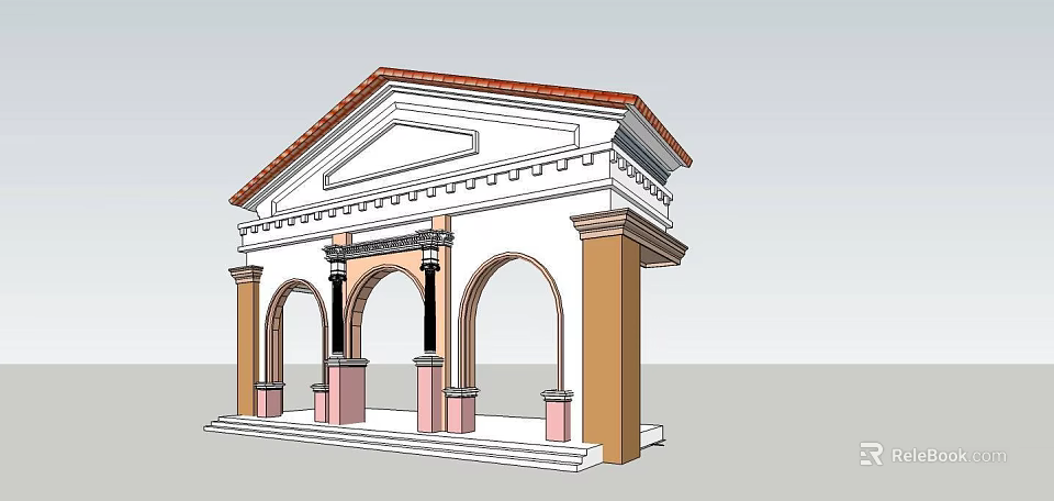 Classical Style Entrance Gate With Arched Doorways Decorative Columns And Red Tile Roof 3d model 