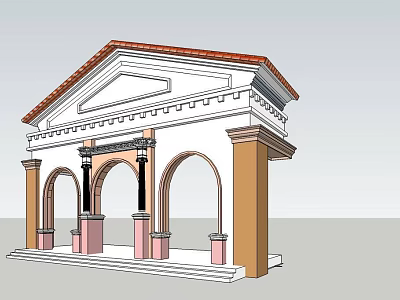 Classical Style Entrance Gate With Arched Doorways Decorative Columns And Red Tile Roof 3d model