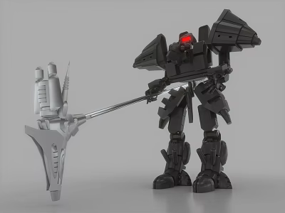 Smart Machine Black Robot With Red Eye Holding Large Mechanical Weapon In Combat Stance 3d model
