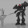 Smart Machine Black Robot With Red Eye Holding Large Mechanical Weapon In Combat Stance
