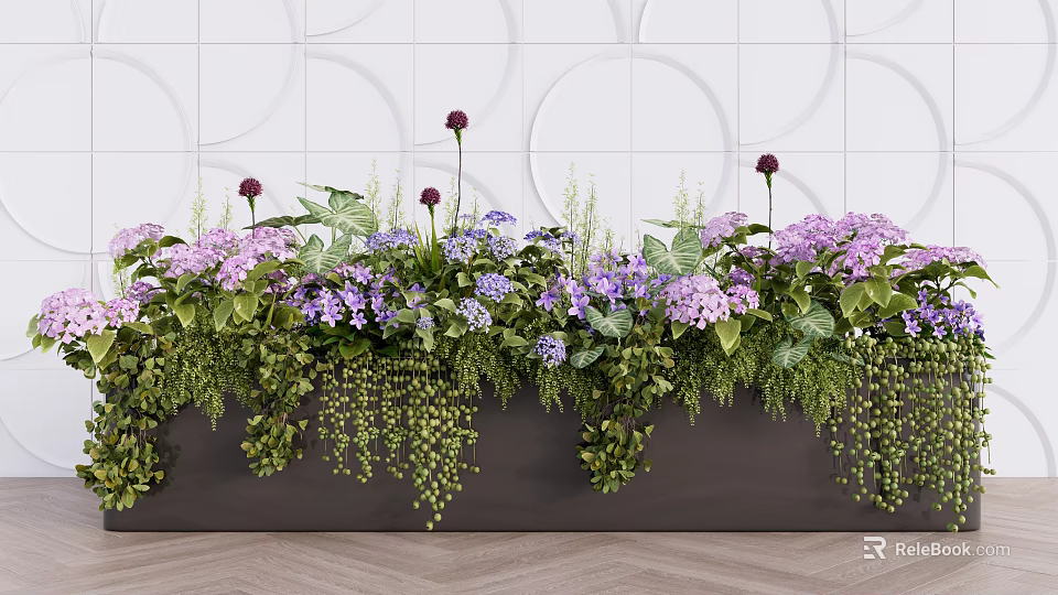 Indoor Plant Arrangement With Purple Flowers Green Leaves Hanging Plants And White Tiled Wall 3d model 