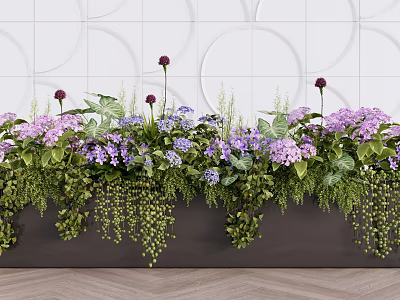 Indoor Plant Arrangement With Purple Flowers Green Leaves Hanging Plants And White Tiled Wall 3d model