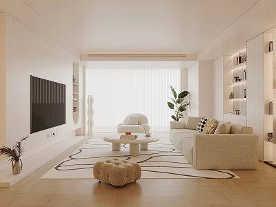 Modern Living Room Interior Design With Beige Sofa Black TV Large Window And Green Plant 3d model