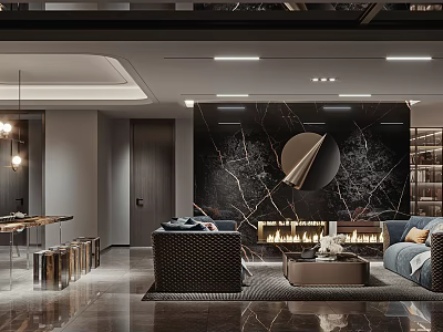 Modern Living Room Interior With Black Marble Wall Flaming Fireplace Sofa And Recessed Lights 3d model