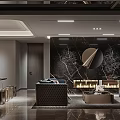Modern Living Room Interior With Black Marble Wall Flaming Fireplace Sofa And Recessed Lights