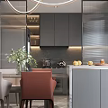 Modern Dining and Living Area Interior with Red Chairs Green Plants and Dark Gray Cabinets
