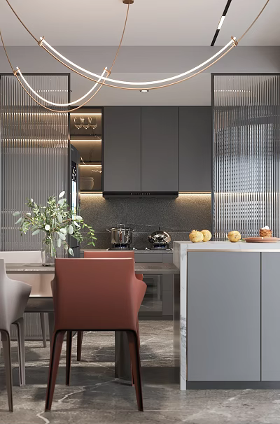 Modern Dining and Living Area Interior with Red Chairs Green Plants and Dark Gray Cabinets 3d model