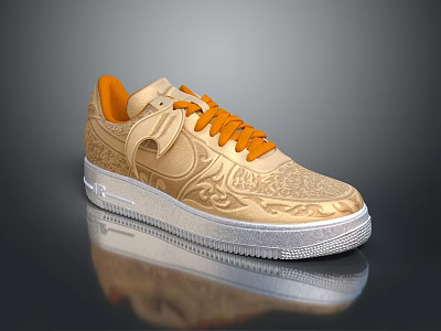 Golden Stylish Sneakers With Orange Laces And Patterned Design On White Sole 3d model