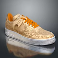 Golden Stylish Sneakers With Orange Laces And Patterned Design On White Sole