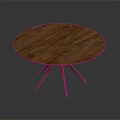 Round Wooden Table With Purple Surface And Three Metal Legs Design