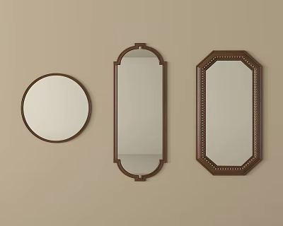 Round Rectangular and Octagonal Brown Framed Mirrors on Beige Wall 3d model