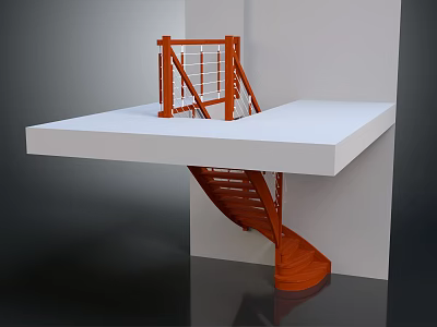 Modern Style White Platform With Orange Spiral Staircase And Railing 3d model