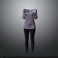 Light Purple Off Shoulder Top With Ruffled Collar Mid Length Sleeves And Dark Skinny Pants