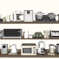 Various Kitchen Appliances Including Coffee Maker Microwave Toaster On Wooden Shelves