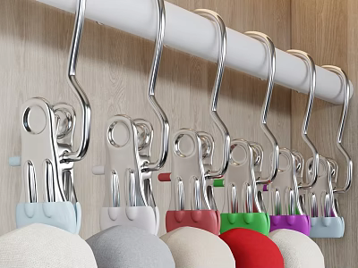 Metal Hooks Hanging On White Rod With Colored Balls Against Wooden Background 3d model