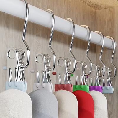 Metal Hooks Hanging On White Rod With Colored Balls Against Wooden Background 3d model