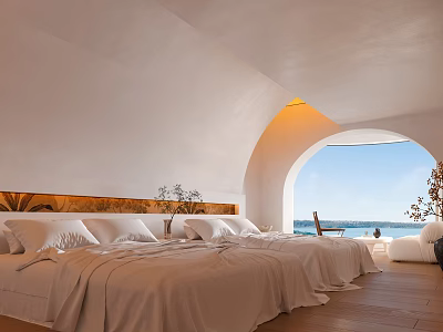 Modern Hotel Room With Arched Window Sea View White Bedding And Wooden Headboard 3d model
