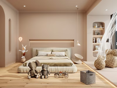 Cozy Kids Bedroom With Beige Headboard Wooden Flooring Stuffed Toys Toy Car and Canopy Tent 3d model
