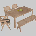 Modern Wooden Dining Table and Chairs Set with Bench and Fruit Bowl on Top